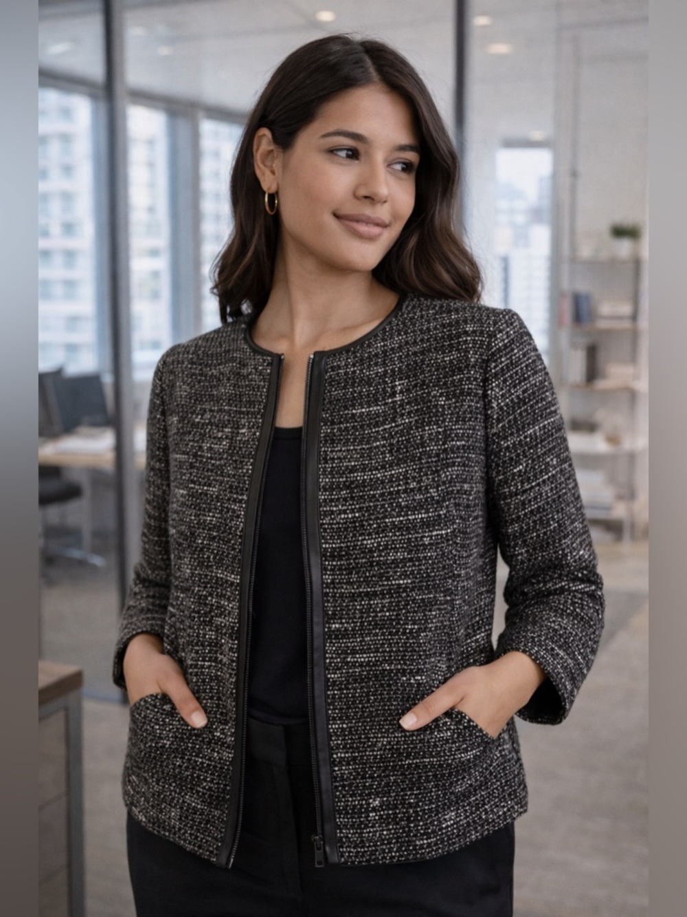 Eileen Fisher Tweed Leather Trim Jacket – Size XS
